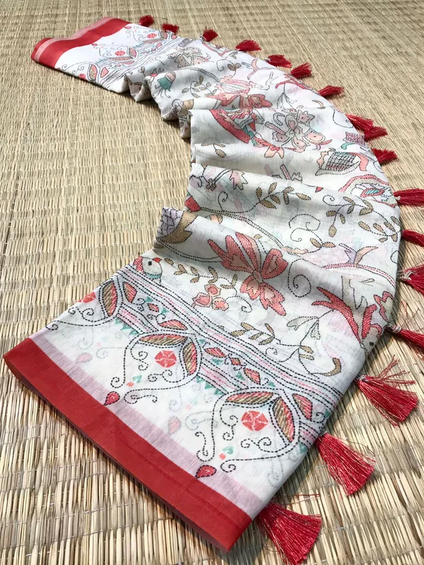 white_&_Red_Pure_Malai_Cotton_Sarees_With_Katha_Print_Work_With_Blouse_Piece_Attached